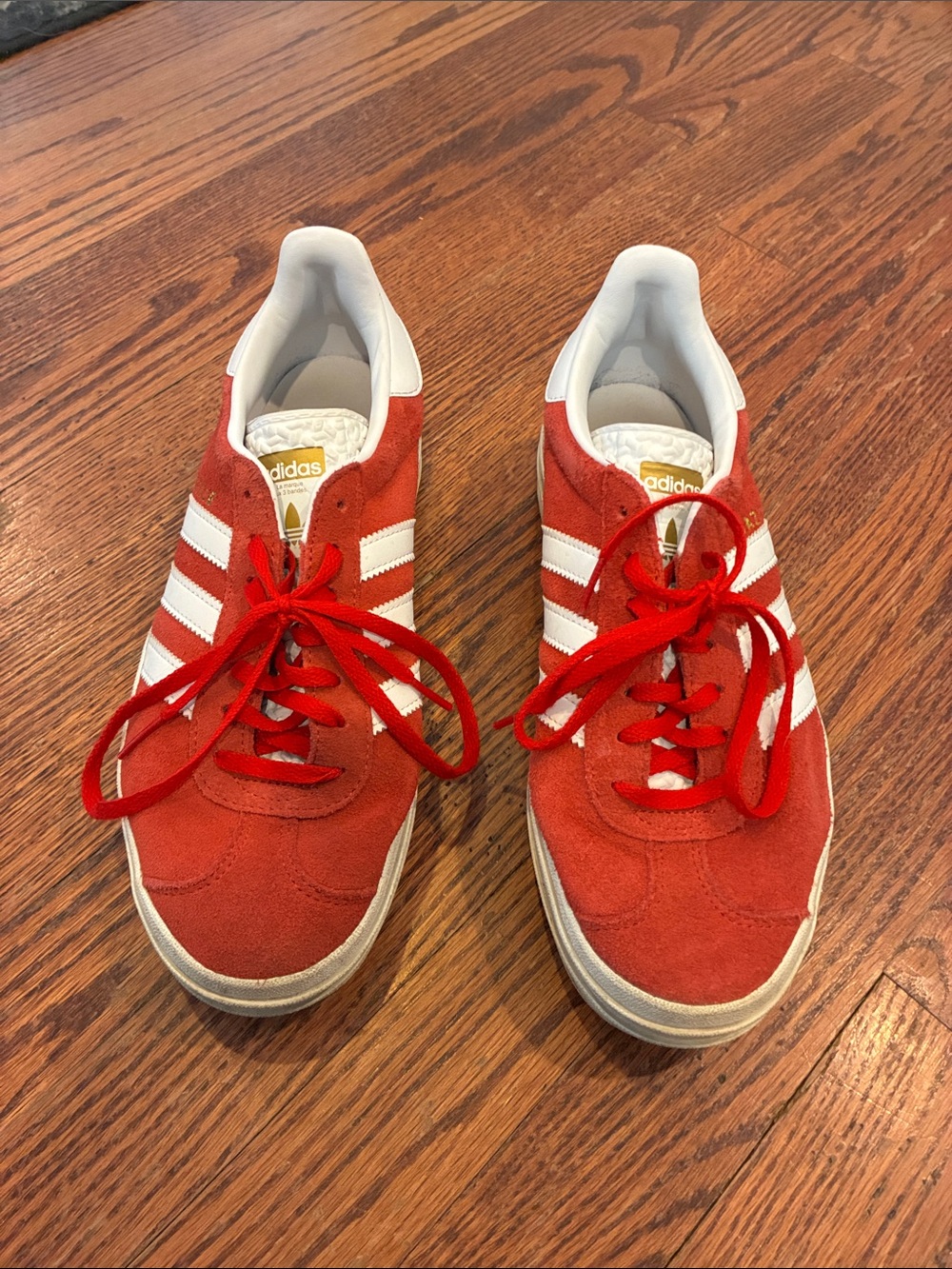 adidas Gazelle platform womens Red Suede Sneakers with White Stripes